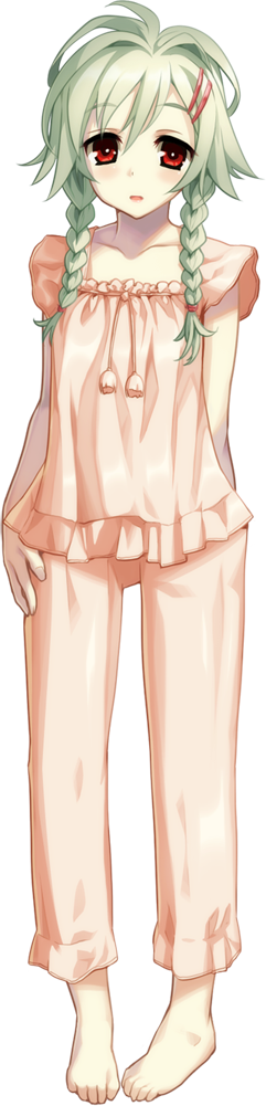 1girl artist_request barefoot braid full_body green_hair long_hair portion red_eyes sodomy_hospital solo standing twin_braids white_background
