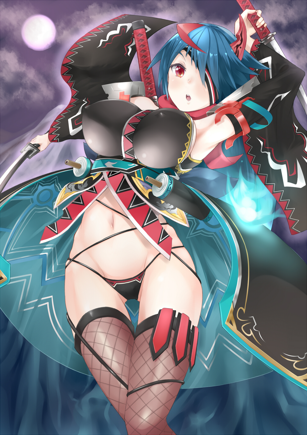 breasts chain_chronicle chiyome_(chain_chronicle) covered_nipples dual_wielding eyepatch fishnet_legwear fishnets groin highres hips holding japanese_clothes katana large_breasts moon navel red_eyes skindentation solo sword tamakaga thighhighs weapon