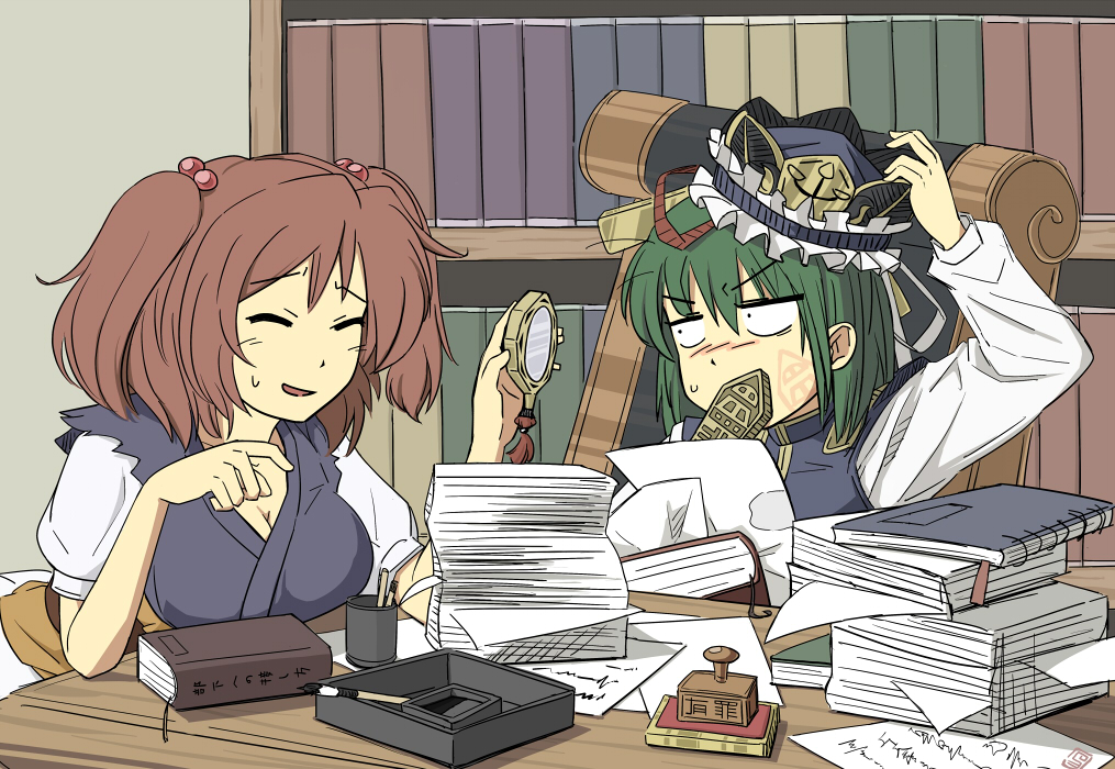 bad_id bad_pixiv_id book bookshelf breasts calligraphy_brush chair cleavage closed_eyes commentary desk green_hair hair_bobbles hair_ornament hand_mirror hand_on_headwear hat hat_ribbon imprinted_skin indoors long_sleeves looking_at_another maguro_(mawaru_sushi) medium_breasts mirror multiple_girls office office_chair onozuka_komachi paintbrush paper parted_lips red_hair ribbon rod_of_remorse shiki_eiki short_hair short_sleeves stamp sweatdrop touhou two_side_up