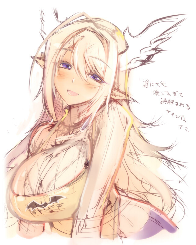 ahoge blonde_hair blush breasts character_request huge_ahoge huge_breasts long_hair mel/a pointy_ears purple_eyes sketch smile solo translation_request