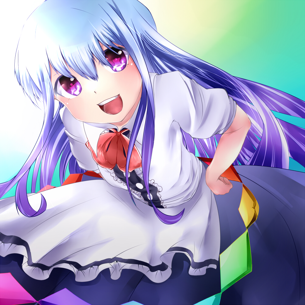 bad_id bad_pixiv_id blue_hair bow dress gradient gradient_background hand_on_hip hinanawi_tenshi layered_dress leaning_forward long_hair looking_at_viewer no_hat no_headwear open_mouth porokkon red_eyes short_sleeves simple_background solo touhou very_long_hair