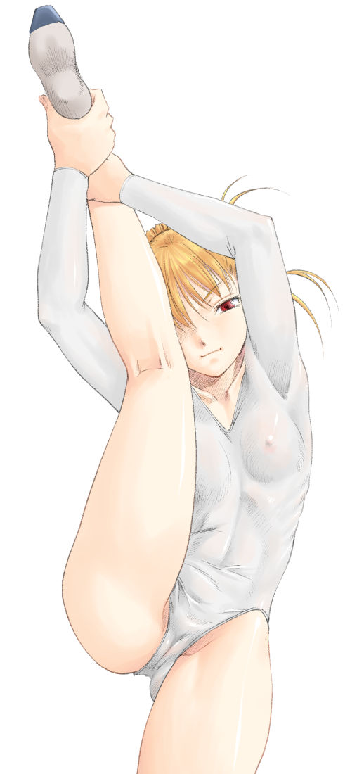 arms_up ballet cameltoe flat_chest head_tilt kneepits leotard looking_at_viewer mashue nipples orange_hair original plantar_flexion red_eyes see-through simple_background skin_tight soles solo standing stretch white_background