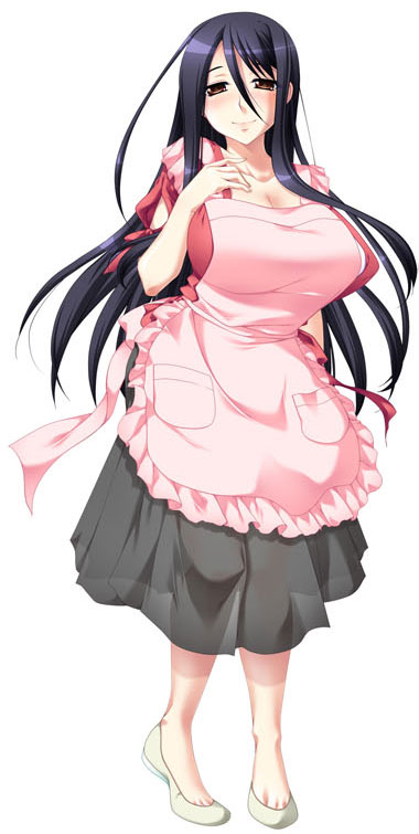 amae_haha_nozomi apron artist_request black_hair breasts character_request cleavage flats huge_breasts komoda long_hair moriya_nozomi overdose simple_background smile source_request toe_cleavage white_background