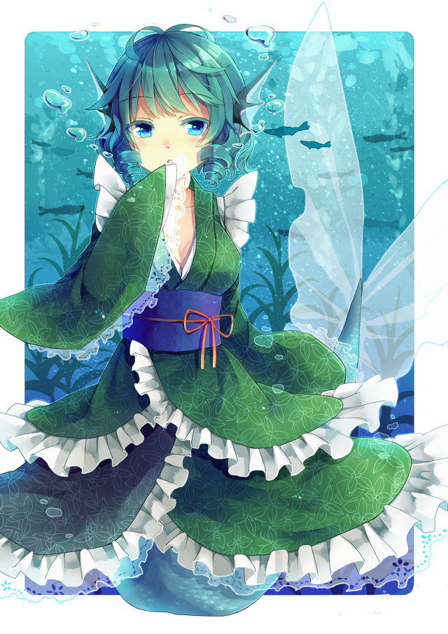 animal_ears blue_eyes blue_hair blush breasts bubble cleavage fish hand_to_own_mouth head_fins japanese_clothes kimono long_sleeves looking_at_viewer medium_breasts mermaid monster_girl obi open_mouth sash short_hair sleeves_past_wrists solo suzuna_(mark_of_luck) touhou underwater wakasagihime wide_sleeves