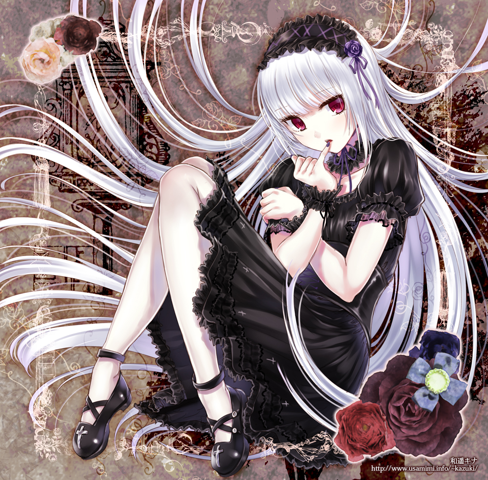 blush cover cross dress finger_to_mouth fingernails flower frills gothic_lolita hair_spread_out hairband kazuharu_kina lolita_fashion long_hair looking_at_viewer original pantyhose red_eyes solo very_long_hair watermark