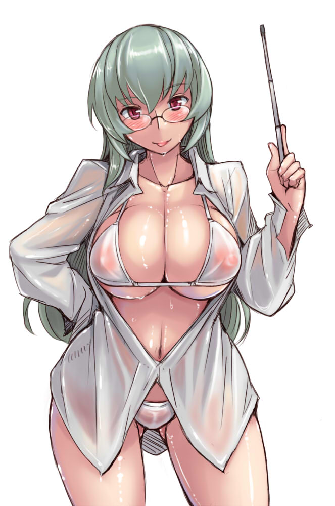 areolae ass_visible_through_thighs bikini blush breasts cleavage contrapposto dress_shirt glasses hand_on_hip head_tilt large_breasts long_hair looking_at_viewer open_clothes open_shirt pointer red_eyes rozen_maiden see-through shiny shiny_skin shirt silver_hair smile solo standing suigintou swimsuit tsuda_nanafushi