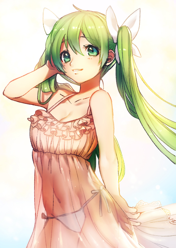 alternate_costume arm_behind_back arm_up babydoll bare_shoulders collarbone dress frey_(rune_factory) frills green_eyes hair_between_eyes hair_ribbon hand_on_own_head long_hair looking_at_viewer midriff mochizuki_anko navel panties parted_lips ribbon rune_factory rune_factory_4 see-through solo strap translucent twintails underwear