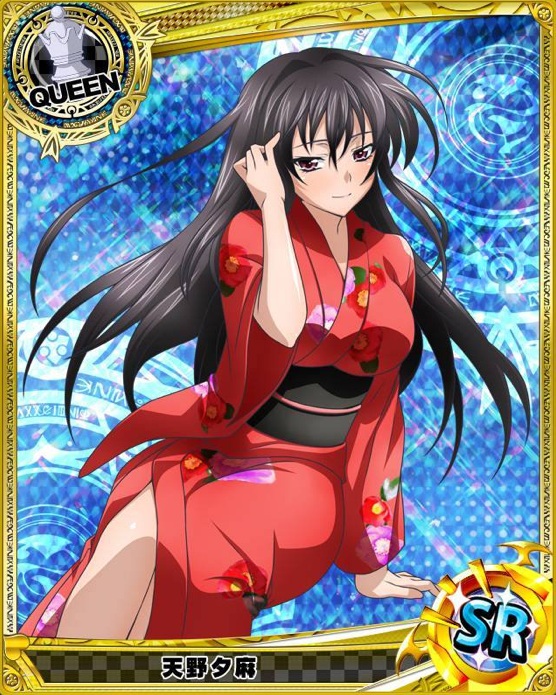 artist_request black_hair breasts card_(medium) character_name chess_piece high_school_dxd japanese_clothes kimono large_breasts long_hair magic_circle non-web_source official_art queen_(chess) raynare red_kimono solo trading_card yukata