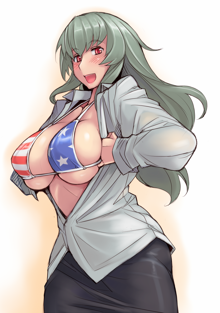 american_flag american_flag_bikini bikini bikini_under_clothes blush breasts cleavage flag_print large_breasts long_hair looking_at_viewer older open_clothes open_shirt red_eyes rozen_maiden shirt sideboob silver_hair smile solo suigintou swimsuit swimsuit_under_clothes tsuda_nanafushi