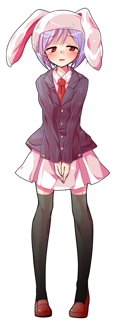 alphes_(style) animal_ears bad_id bad_pixiv_id black_legwear blush bunny_ears dairi ears_through_headwear extra_ears full_body half-closed_eyes hands_together helmet jacket looking_at_viewer necktie open_mouth parody red_eyes red_footwear reisen shirt shoes skirt solo style_parody thighhighs touhou transparent_background v_arms zettai_ryouiki