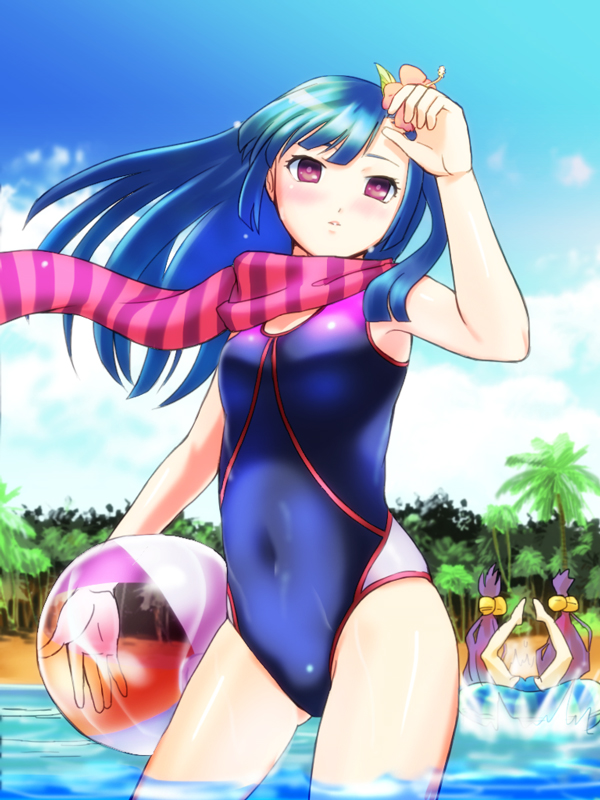 bad_id bad_pixiv_id ball beachball blue_hair competition_swimsuit hajime_(usaki01) houzouin_inshun hyakka_ryouran_samurai_bride hyakka_ryouran_samurai_girls long_hair multiple_girls naoe_kanetsugu_(hyakka_ryouran) one-piece_swimsuit red_eyes scarf swimsuit