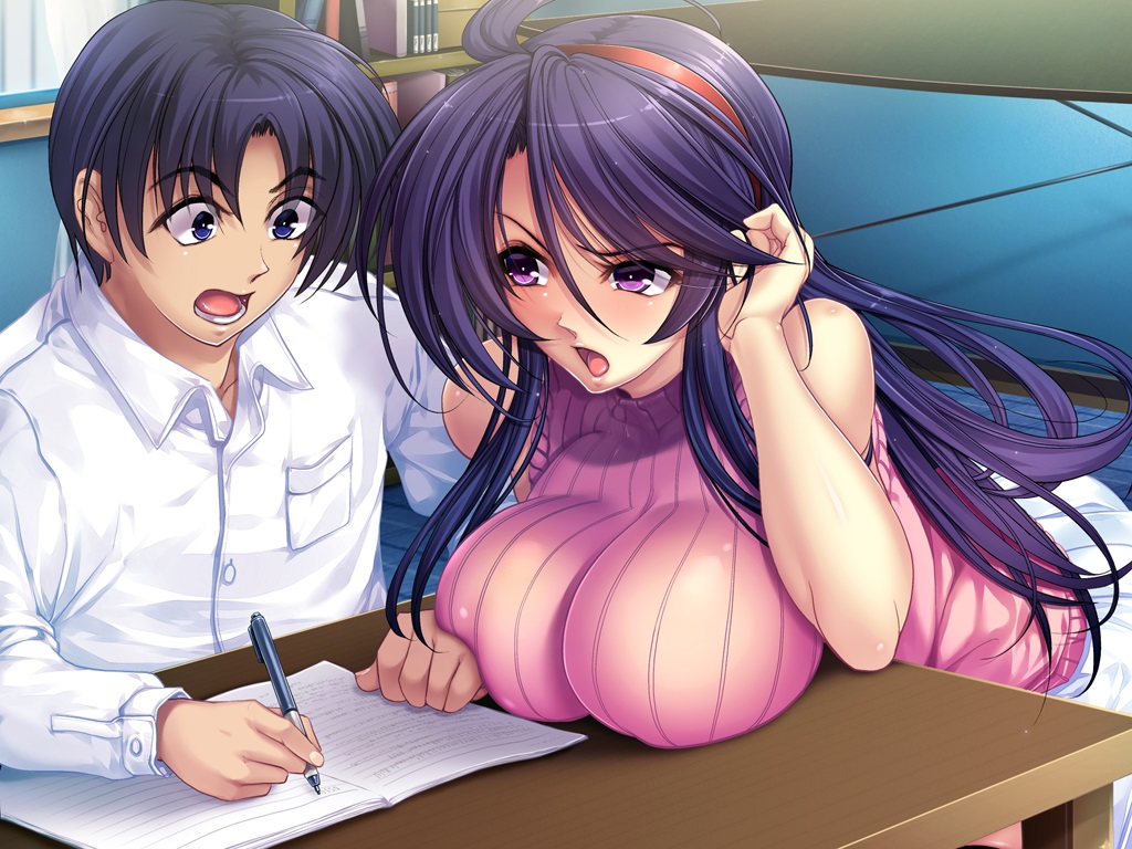 1boy 1girl akogare_no_onee-chan_wa_choukyou_shigansha?! angry artist_request breast_rest breasts character_request huge_breasts kawaraya_a-ta open_mouth parthenon_(company) purple_eyes purple_hair source_request surprised sweater tendou_mika