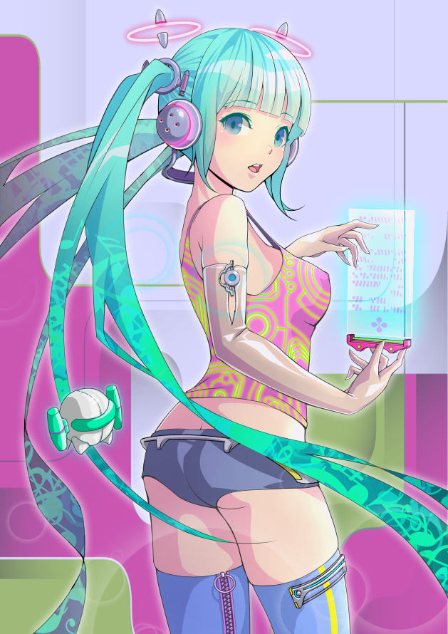 aqua_hair blue_eyes elbow_gloves gloves hatsune_miku headphones long_hair solo suishougensou thighhighs twintails very_long_hair vocaloid