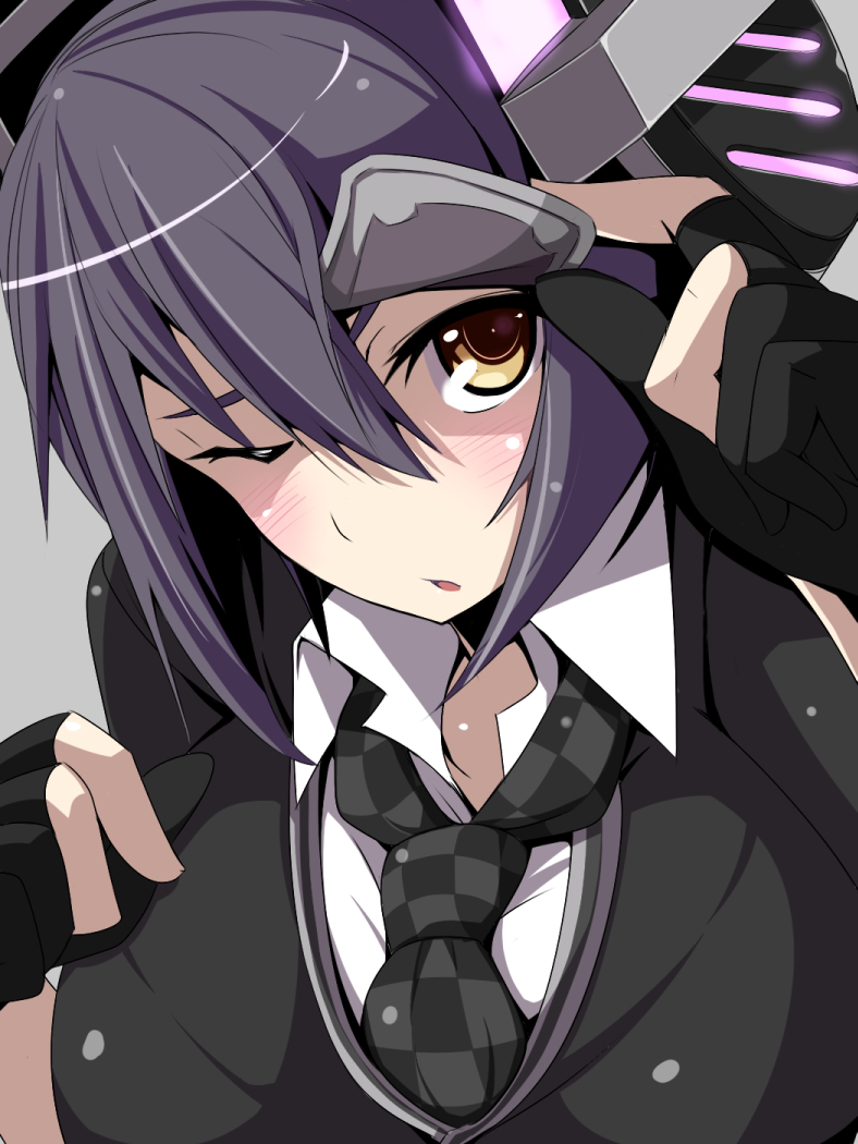 blush breasts close-up eyepatch eyepatch_lift fingerless_gloves gloves headgear kantai_collection kichihachi large_breasts looking_at_viewer necktie one_eye_closed open_mouth partly_fingerless_gloves purple_hair short_hair solo tenryuu_(kantai_collection) yellow_eyes