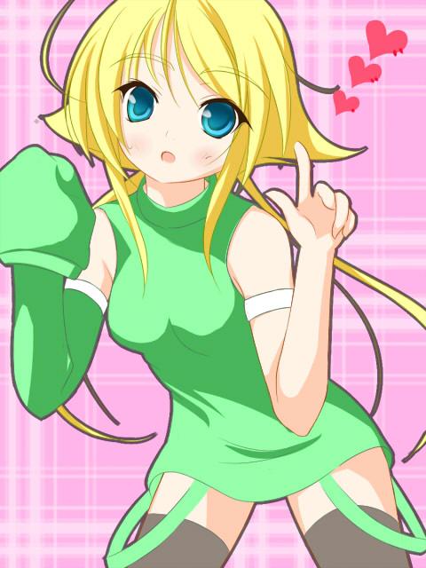 blonde_hair blue_eyes blush breasts heart k-asul long_hair medium_breasts open_mouth original solo thighhighs
