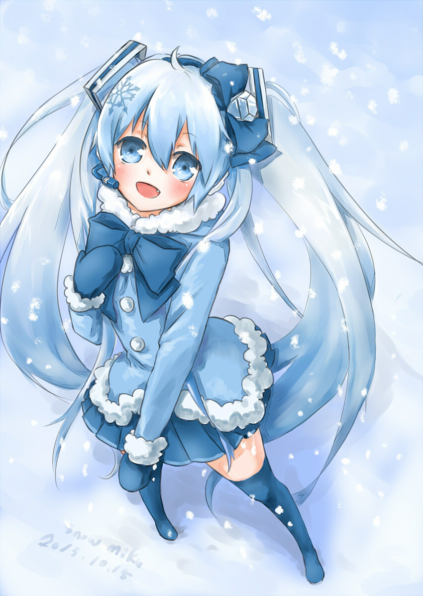 2013 azumi_(6918great) bad_id bad_pixiv_id blue_eyes blue_hair blush bow character_name dated fang hand_on_own_chest hatsune_miku long_hair mittens open_mouth skirt snow snowing solo thighhighs twintails very_long_hair vocaloid yuki_miku