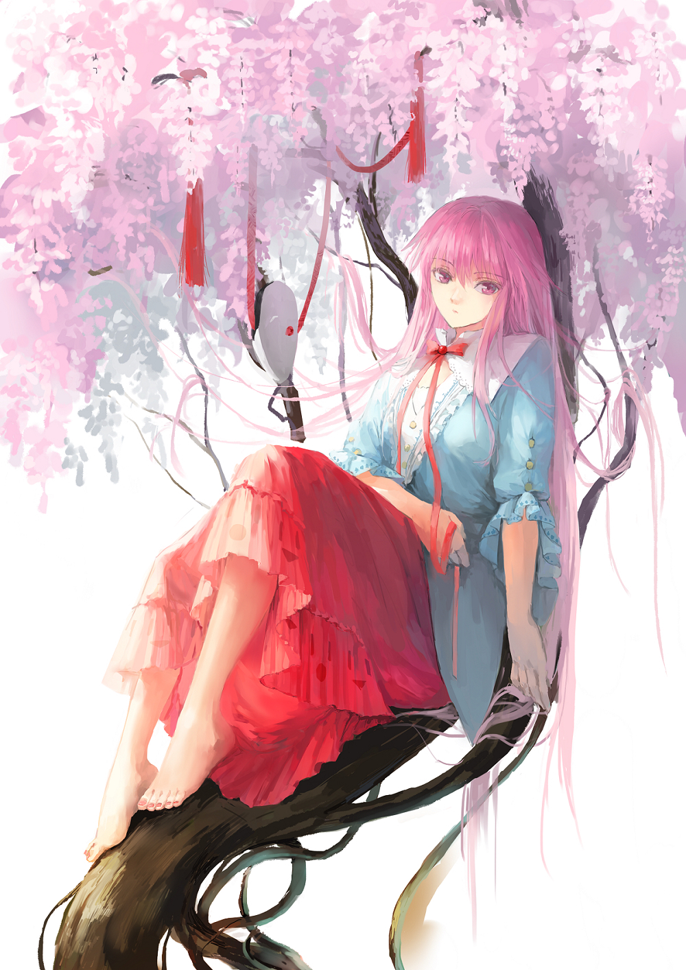 adapted_costume bad_id bad_pixiv_id barefoot bow expressionless face_mask fancybetty flower hata_no_kokoro highres in_tree long_hair looking_at_viewer mask mask_removed pink_eyes pink_hair shirt short_sleeves sitting sitting_in_tree skirt solo touhou tree very_long_hair wisteria