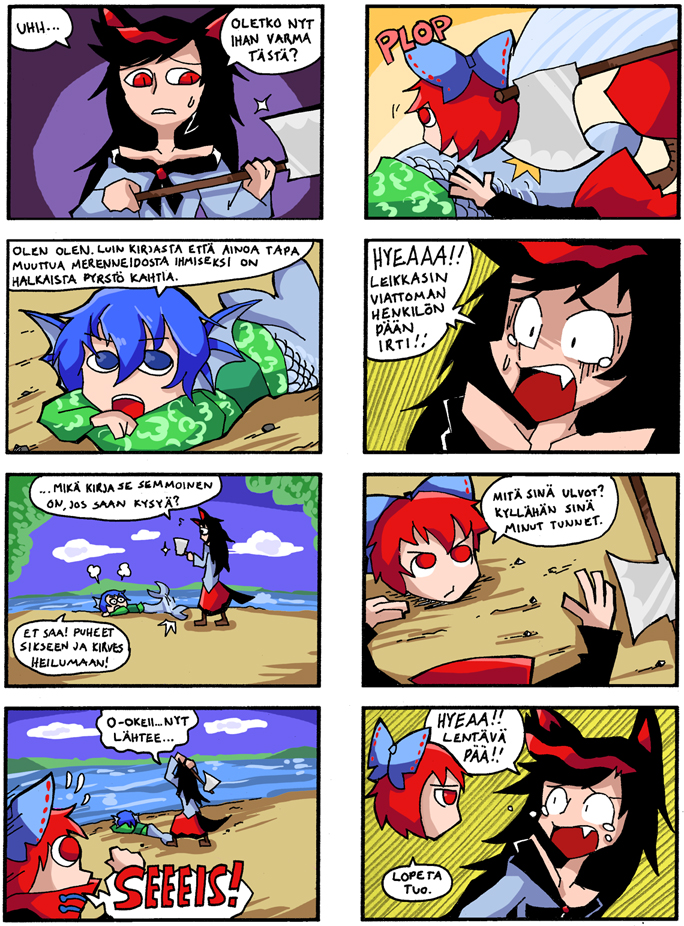 4koma animal_ears axe bare_shoulders black_hair blue_eyes blue_hair bow comic commentary decapitation fang finnish grass_root_youkai_network imaizumi_kagerou mermaid monster_girl multiple_girls red_eyes red_hair scales sekibanki setz severed_head shocked_eyes touhou translated wakasagihime weapon wolf_ears