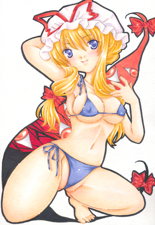 bikini blonde_hair blue_eyes hat hole long_hair satsuki_(gogotaru) solo squatting swimsuit touhou yakumo_yukari