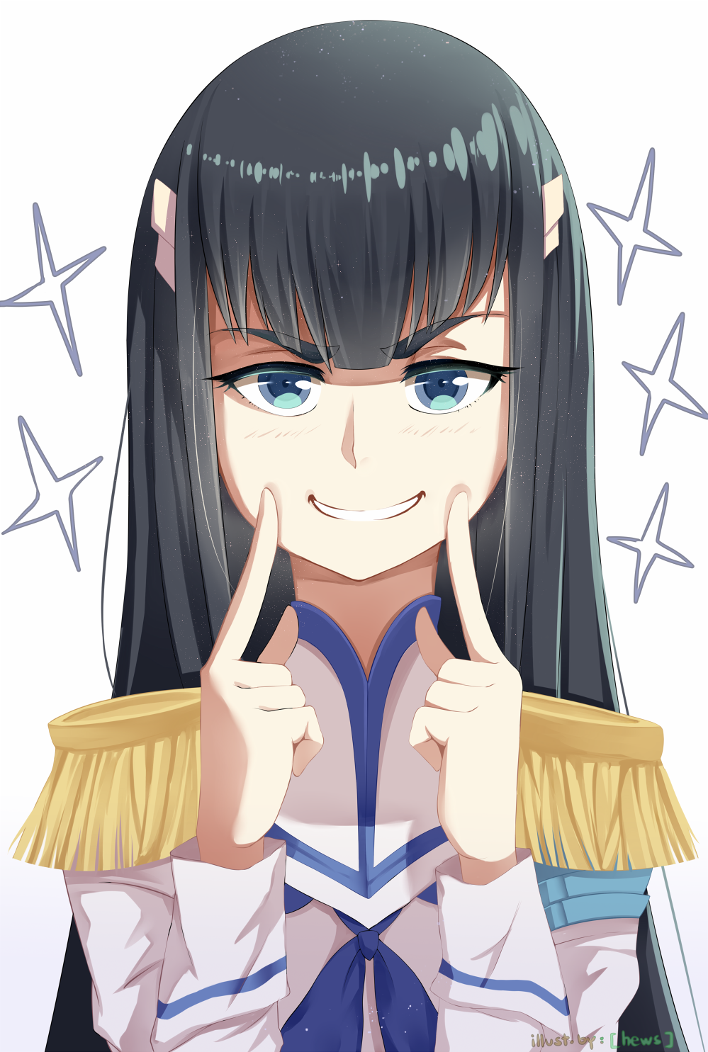 artist_name black_hair blue_eyes blush commentary epaulettes eyebrows finger_to_face fingersmile grin hair_ornament hews_hack highres kill_la_kill kiryuuin_satsuki long_hair long_sleeves looking_at_viewer neckerchief out_of_character school_uniform simple_background smile solo sparkle upper_body white_background
