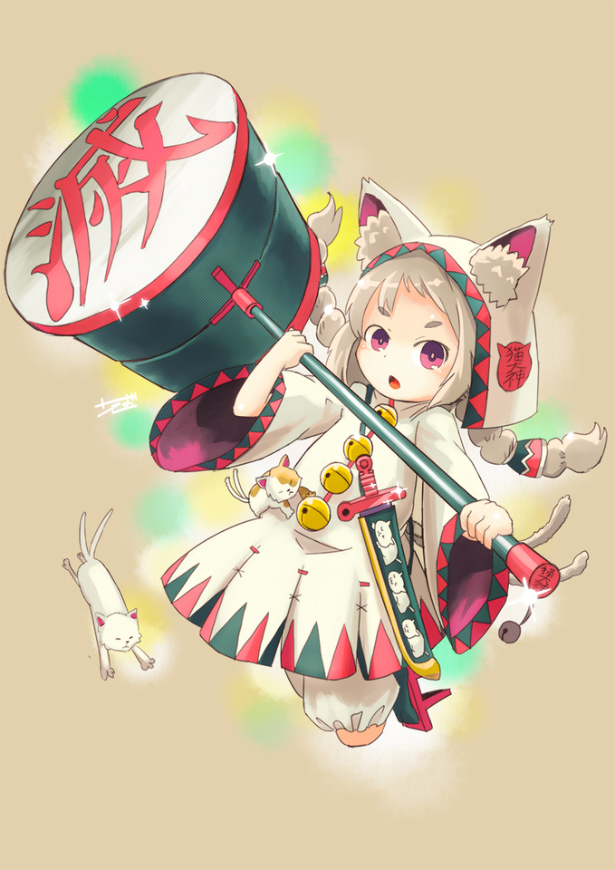 animal_hood bell braid brown_hair cat cat_hood chestnut_mouth geta glint hammer hood open_mouth original red_eyes saebashi signature solo sword translated twin_braids weapon wide_sleeves