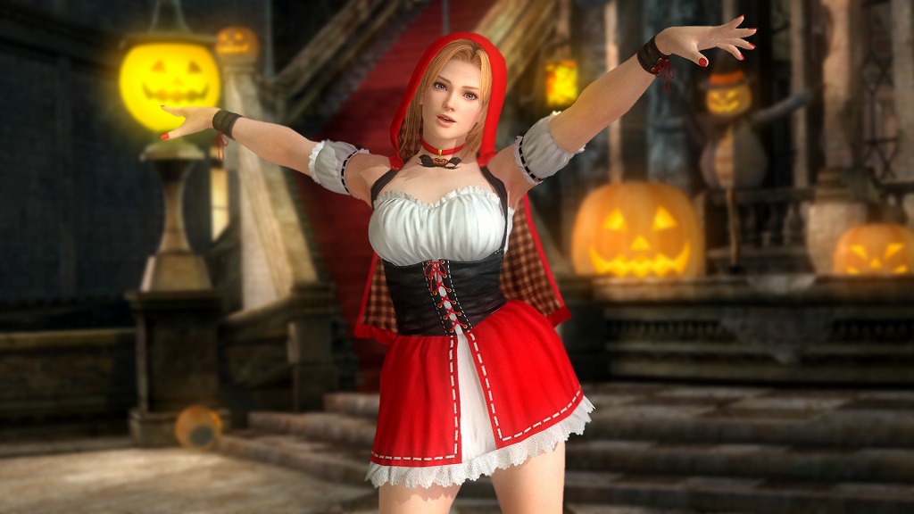 1girl blonde_hair blue_eyes breasts corset dead_or_alive dead_or_alive_5 halloween large_breasts official_art red_riding_hood solo tecmo tina_armstrong
