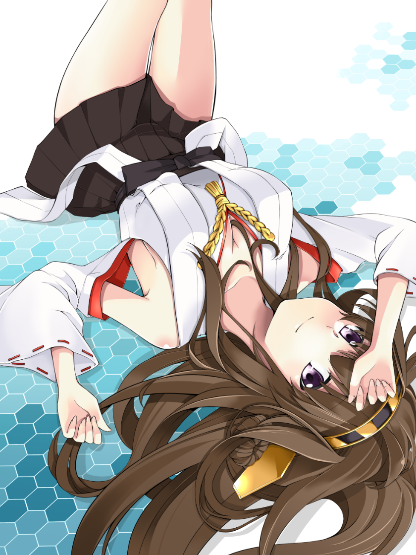 bad_id bad_pixiv_id breasts brown_hair detached_sleeves double_bun hair_ornament hairband japanese_clothes kantai_collection kongou_(kantai_collection) large_breasts long_hair looking_at_viewer miniskirt nontraditional_miko pleated_skirt purple_eyes skirt solo yukinosora7