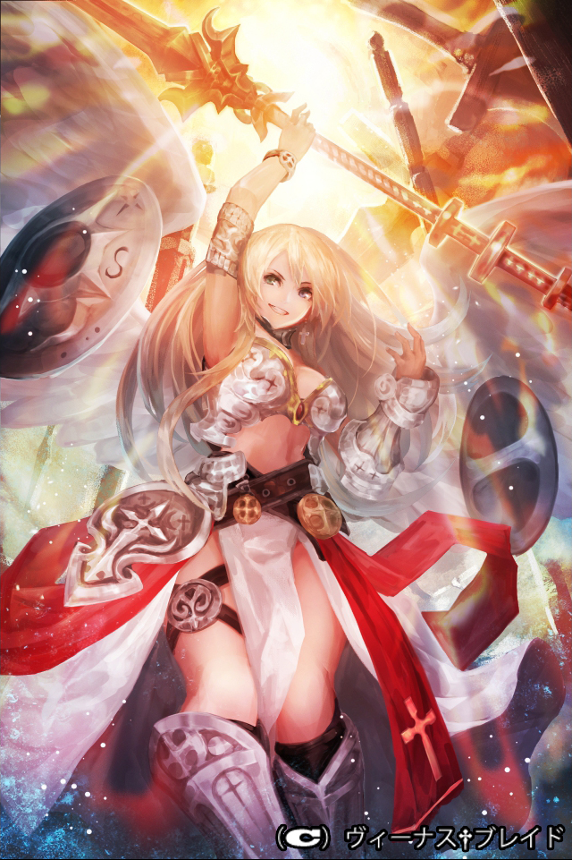 bad_anatomy bare_shoulders blonde_hair blue_eyes boots breasts cross cross_earrings earrings green_eyes grin heterochromia jewelry large_breasts long_hair polearm shield smile solo thighs venus_blade weapon yaoya_musuko