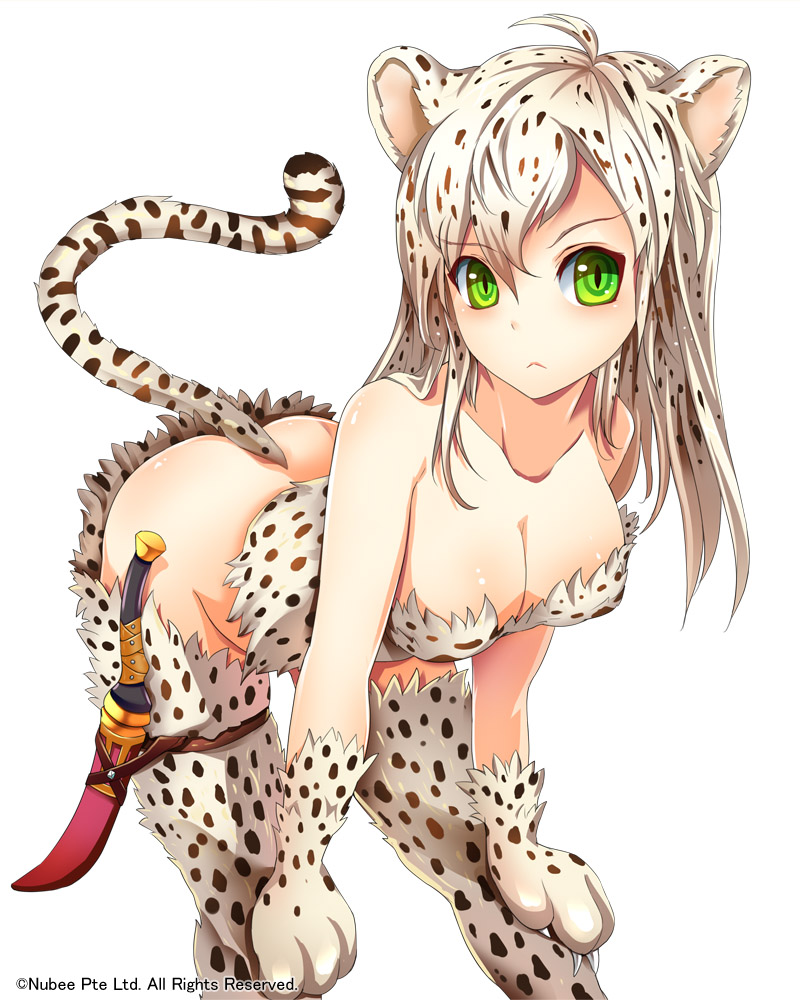 :&lt; ahoge animal_ears bent_over blonde_hair breasts cleavage green_eyes hands_on_own_knees knife large_breasts leopard_ears leopard_tail long_hair looking_at_viewer original solo suoni_(deeperocean) tail thighhighs