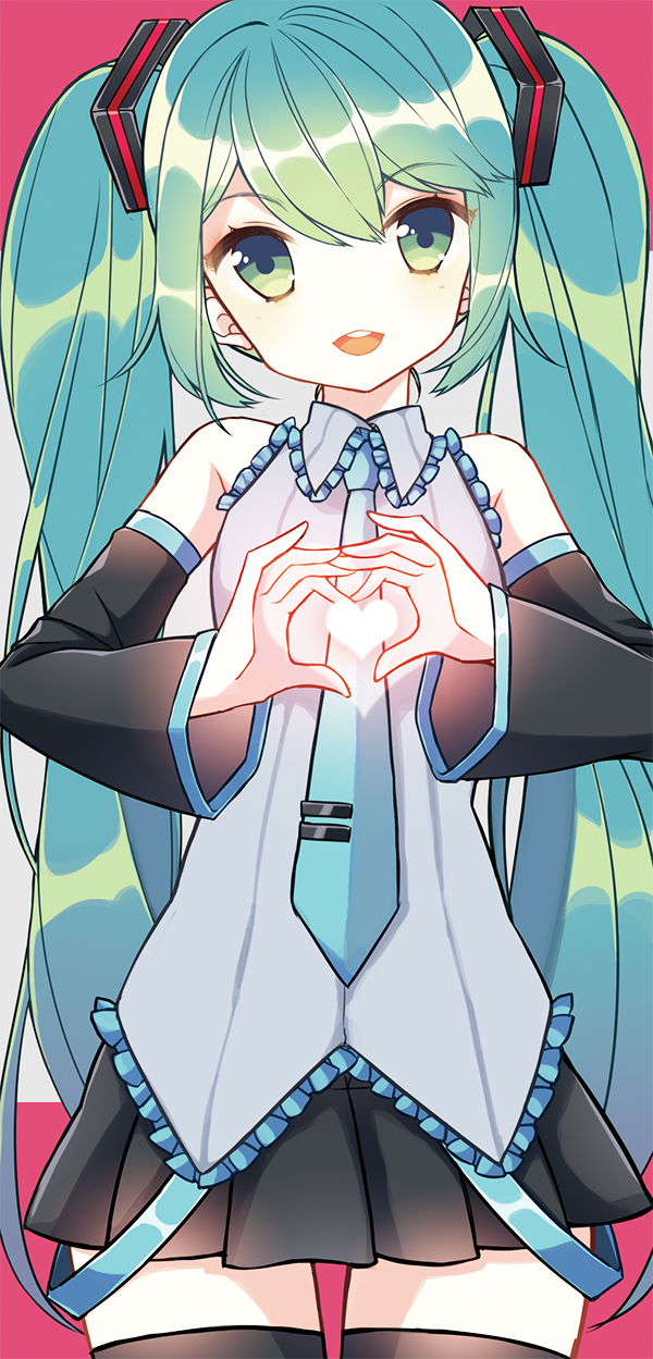 bad_id bad_pixiv_id detached_sleeves green_eyes green_hair hatsune_miku head_tilt heart heart_hands highres long_hair necktie panttwa skirt solo thighhighs twintails very_long_hair vocaloid