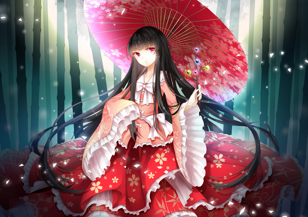 bamboo bamboo_forest black_hair bow branch dress floral_print forest frilled_shirt frilled_skirt frilled_sleeves frills full_moon hime_cut houraisan_kaguya jeweled_branch_of_hourai light_particles long_hair long_sleeves looking_at_viewer moon nature night oriental_umbrella red_eyes sash shirt skirt solo stari touhou umbrella very_long_hair wide_sleeves