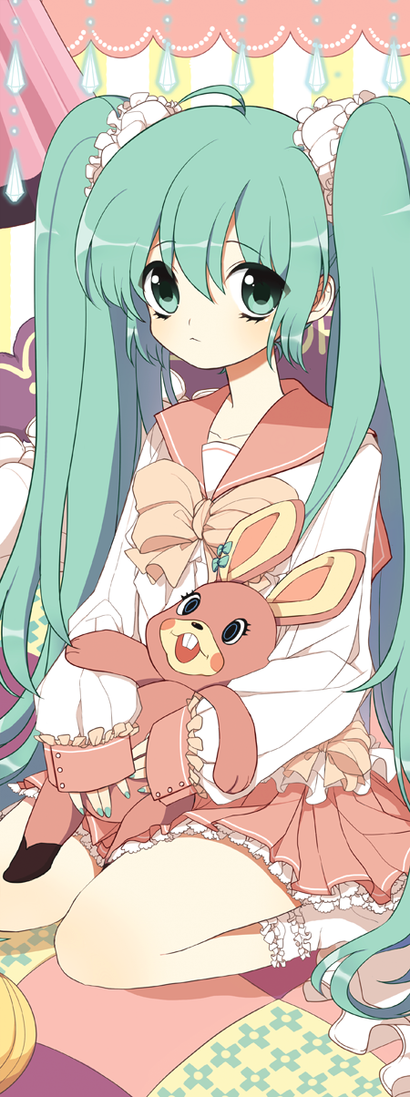 ahoge bad_id bad_pixiv_id bunny dongja green_eyes green_hair hatsune_miku highres long_hair looking_at_viewer lots_of_laugh_(vocaloid) nail_polish sailor_collar scrunchie sitting skirt socks solo stuffed_animal stuffed_bunny stuffed_toy twintails very_long_hair vocaloid