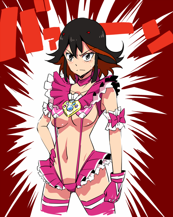 adapted_costume armband black_hair blush bow breasts choker cosplay cure_melody cure_melody_(cosplay) frills gloves grey_eyes hand_on_hip horns kill_la_kill koshimizu_ami magical_girl matoi_ryuuko medium_breasts multicolored_hair navel pink_choker pink_legwear precure red_hair revealing_clothes ribbon seiyuu_connection short_hair skirt solo suite_precure suspenders sweatdrop thighhighs tj-type1 two-tone_hair underboob