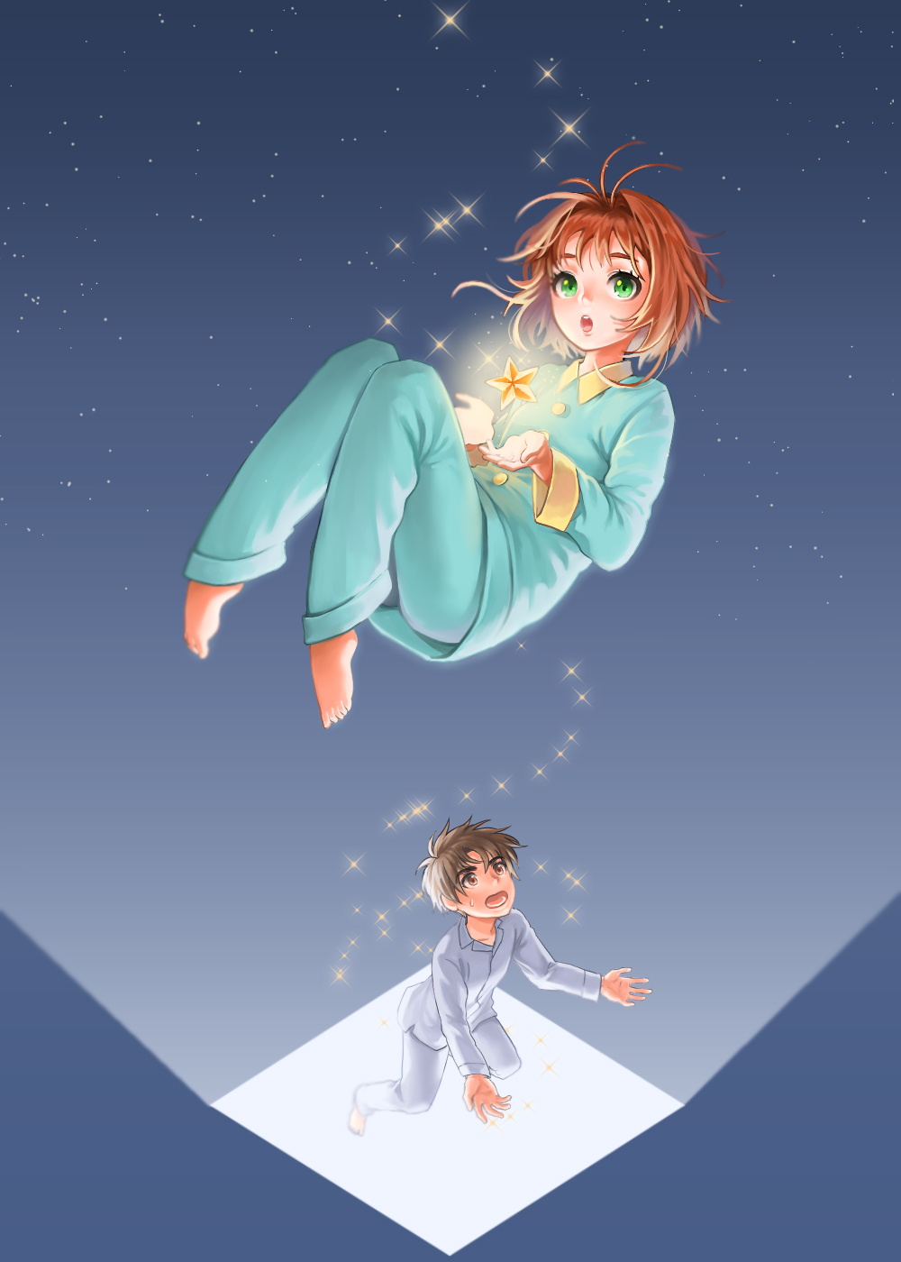 1girl bad_id bad_pixiv_id barefoot brown_eyes brown_hair cardcaptor_sakura floating green_eyes highres kinomoto_sakura li_xiaolang miaa11 pajamas short_hair star