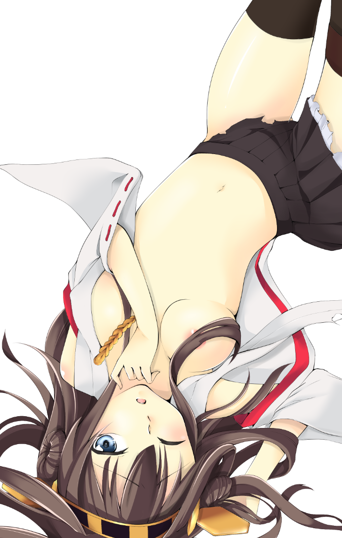 areolae bad_id bad_pixiv_id black_legwear boots breasts brown_hair detached_sleeves double_bun hair_ornament hair_over_breasts hairband japanese_clothes kantai_collection kongou_(kantai_collection) large_breasts long_hair looking_at_viewer miniskirt nontraditional_miko pleated_skirt skirt solo thigh_boots thighhighs torn_clothes yukinosora7 zettai_ryouiki