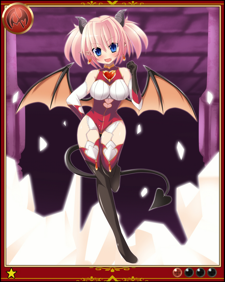 :d bat_wings blue_eyes blush boots breasts colorized demon_girl demon_horns demon_tail demon_wings earrings elbow_gloves fang garter_straps gloves goma_azarasi horns jewelry large_breasts leotard lilim_(shingeki_no_bahamut) looking_at_viewer open_mouth pink_hair pointy_ears red_leotard shingeki_no_bahamut short_hair short_twintails smile solo tail thigh_boots thighhighs twintails wings