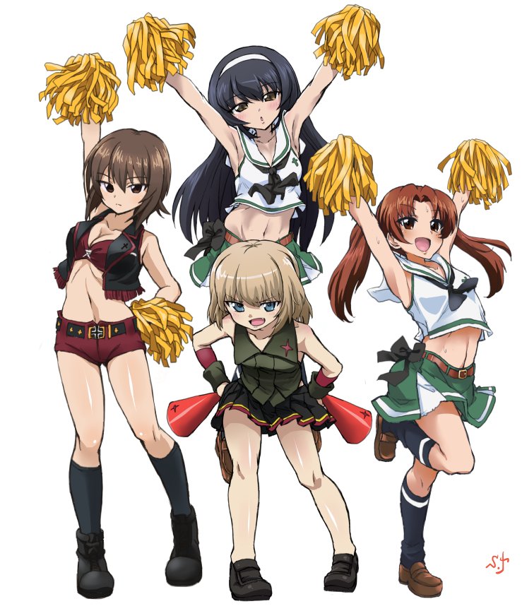1girl 4girls adapted_costume alternate_costume arms_up artist_name belt black_belt black_hair blonde_hair blue_eyes blush breasts brown_eyes brown_hair cheerleader cleavage closed_mouth commentary_request crop_top frown girls_und_panzer hands_on_hips head_tilt holding_pom_poms kadotani_anzu katyusha kuromorimine_military_uniform leaning_forward legs long_hair looking_at_viewer medium_breasts midriff multiple_girls navel nishizumi_maho ooarai_school_uniform open_mouth pom_poms pravda_school_uniform red_shorts reizei_mako school_uniform shift_(waage) short_hair short_shorts shorts signature simple_background smile solo standing sweat twintails white_background wrist_cuffs