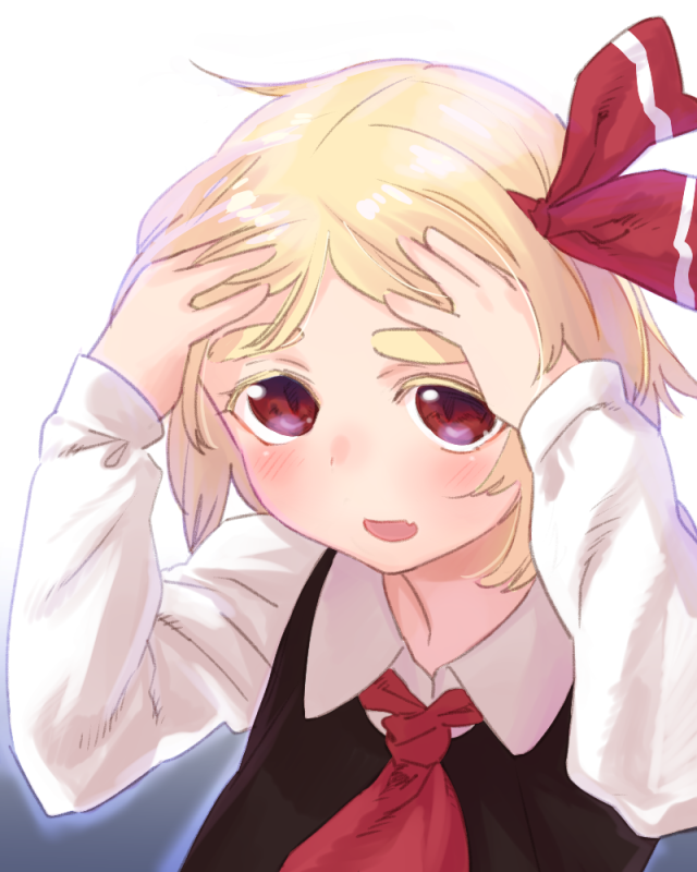 ascot blonde_hair eyebrows fang gradient gradient_background hair_ribbon hands_on_own_head long_sleeves looking_at_viewer open_mouth pine red_eyes ribbon rumia short_hair simple_background slit_pupils solo thick_eyebrows touhou upper_body vest