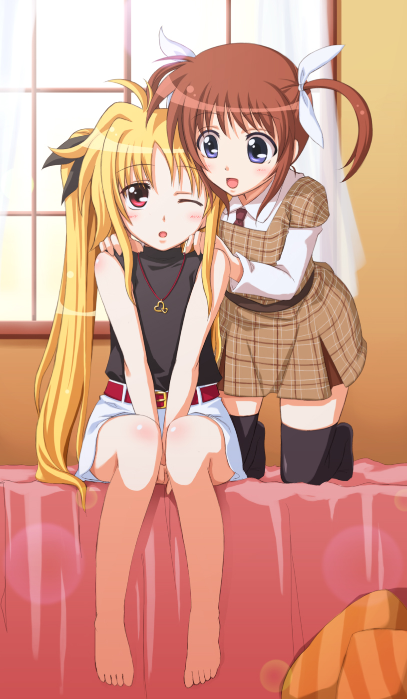 :d ;o bare_shoulders barefoot bed belt between_thighs blonde_hair blush brown_hair casual chobipero curtains fate_testarossa hair_ribbon hands_on_another's_shoulders highres jewelry kneeling lens_flare long_hair lyrical_nanoha mahou_shoujo_lyrical_nanoha multiple_girls necklace necktie one_eye_closed open_mouth pillow plaid purple_eyes red_eyes ribbon short_hair short_twintails sitting skirt smile takamachi_nanoha thighhighs twintails v_arms window