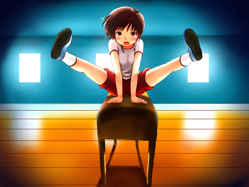 bad_id bad_pixiv_id blush brown_eyes brown_hair buruma gym_uniform jumping original short_hair solo tuanzi vaulting_horse