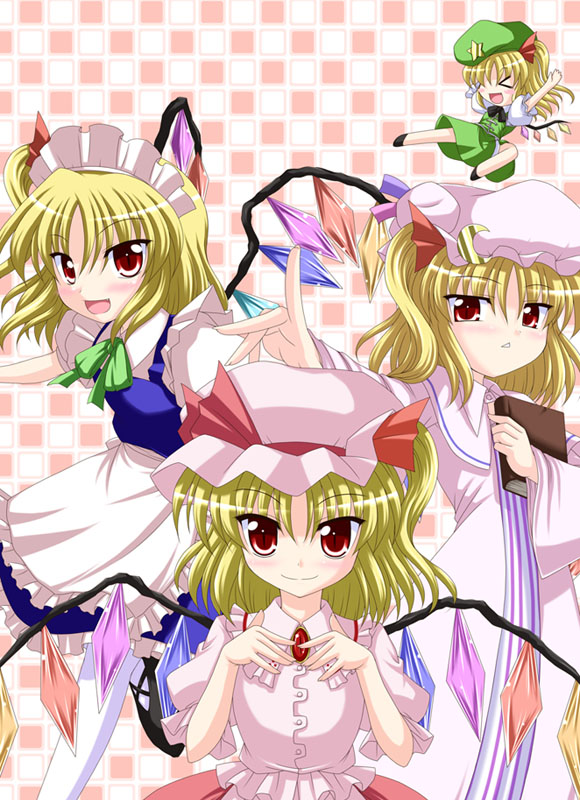 &gt;_&lt; apron arms_up blonde_hair blush bococho book brooch clone closed_eyes cosplay crescent flandre_scarlet four_of_a_kind_(touhou) hair_ribbon hat holding holding_book hong_meiling hong_meiling_(cosplay) izayoi_sakuya izayoi_sakuya_(cosplay) jewelry kicking maid maid_headdress multiple_girls neck_ribbon one_side_up outstretched_arm patchouli_knowledge patchouli_knowledge_(cosplay) red_eyes remilia_scarlet remilia_scarlet_(cosplay) ribbon short_hair slit_pupils smile star touhou wings