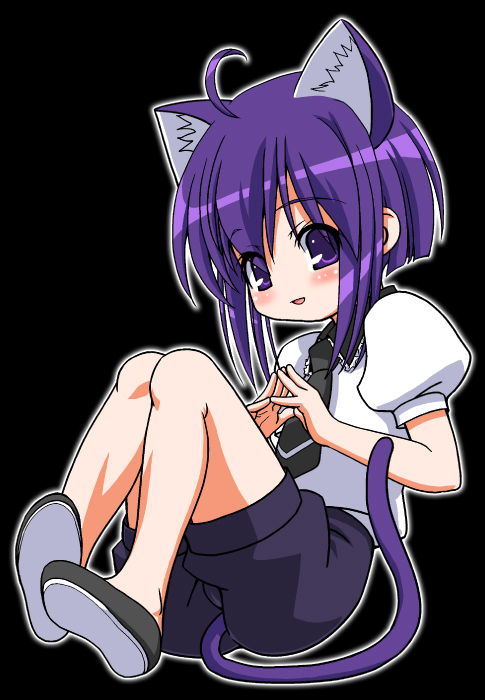 ahoge animal_ears cat_ears cat_tail gambler_club mahou_sensei_negima! miyazaki_nodoka necktie purple_eyes purple_hair short_hair sitting solo tail