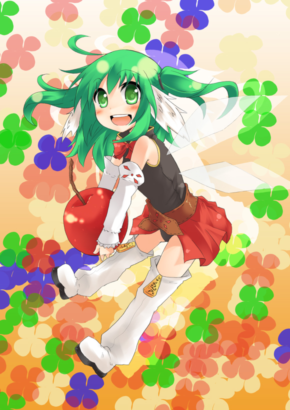 :d ahoge bare_shoulders belt boots bow bowtie carrying cherry copyright_request fairy food fruit green_hair head_wings minigirl mukunoki_nanatsu open_mouth smile thigh_boots thighhighs twintails