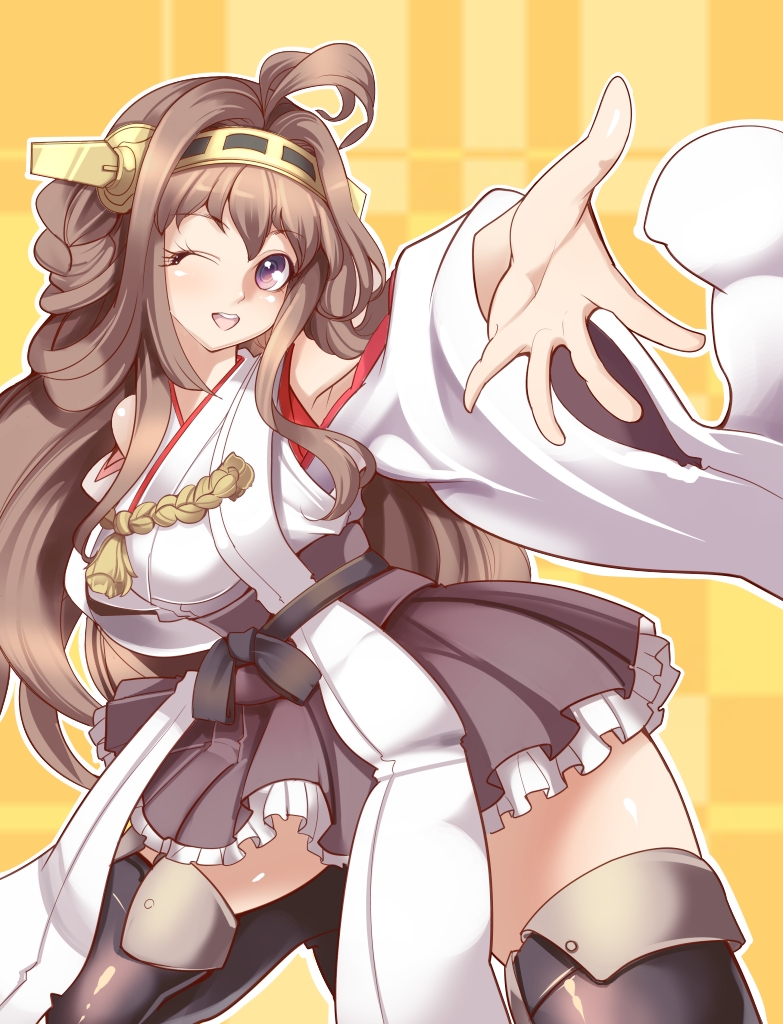 bare_shoulders black_legwear blush boots breasts brown_eyes brown_hair detached_sleeves double_bun hair_ornament hairband headgear japanese_clothes kantai_collection kongou_(kantai_collection) long_hair medium_breasts nontraditional_miko one_eye_closed open_mouth skirt smile solo taka_(sanoujo358) thigh_boots thighhighs