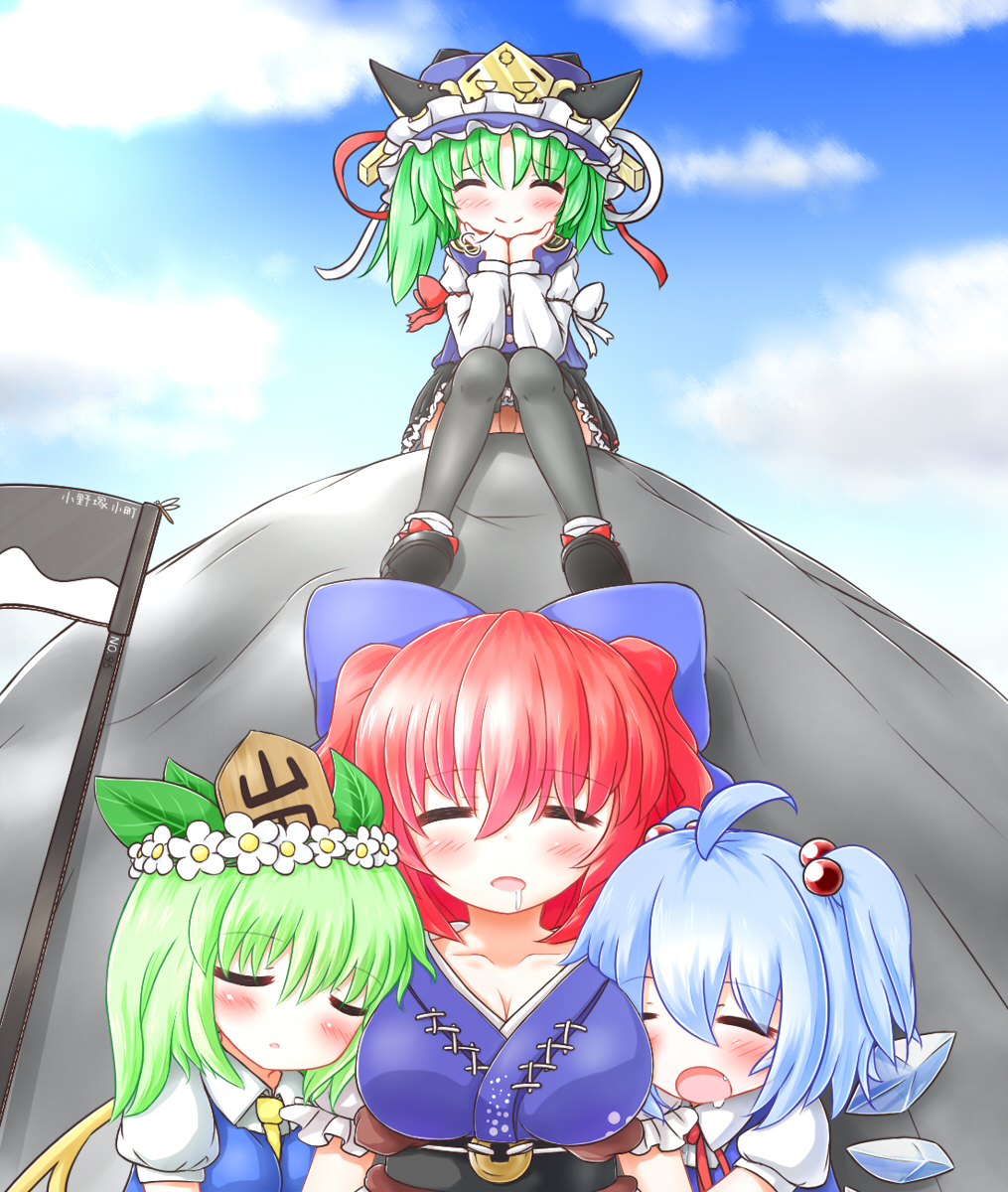 alternate_hairstyle black_legwear blue_hair blush bow breasts cardboard chin_rest cirno cleavage cosplay daiyousei drooling fairy_wings green_hair hair_bobbles hair_bow hair_ornament hat headwear_switch highres ice ice_wings japanese_clothes large_breasts leaf mofu_mofu multiple_girls onozuka_komachi open_mouth red_hair rock rod_of_remorse scythe shiki_eiki shiki_eiki_(cosplay) short_hair sigh sitting sleeping smile thighhighs touhou wings wreath