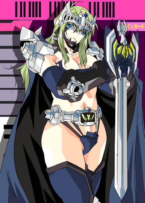 armor belt bikini_armor bikini_bottom blonde_hair blue_eyes bracer breastplate breasts cape card card_background crest curvy elbow_gloves gauntlets gloves green_hair headpiece kamen_rider kamen_rider_knight kamen_rider_ryuki_(series) long_hair rider-tan shoulder_pads sword thick_thighs thighhighs thighs visor weapon