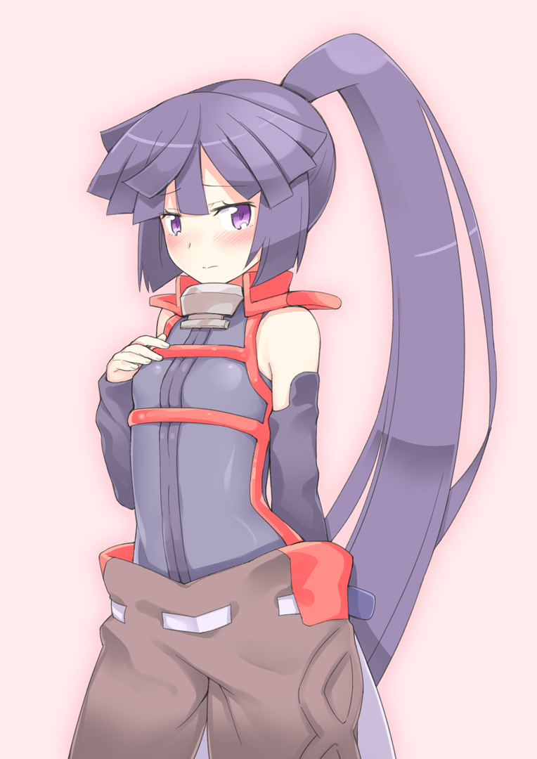 akatsuki_(log_horizon) bare_shoulders blush detached_sleeves kamoto_tatsuya log_horizon long_hair ponytail purple_eyes purple_hair solo