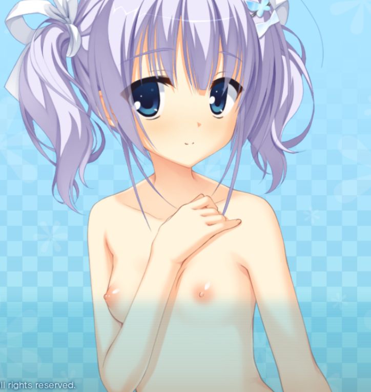 1girl amairo_islenauts blue_eyes blush censored game_cg kobuichi lavender_hair nipples nude shiraga_airi small_breasts