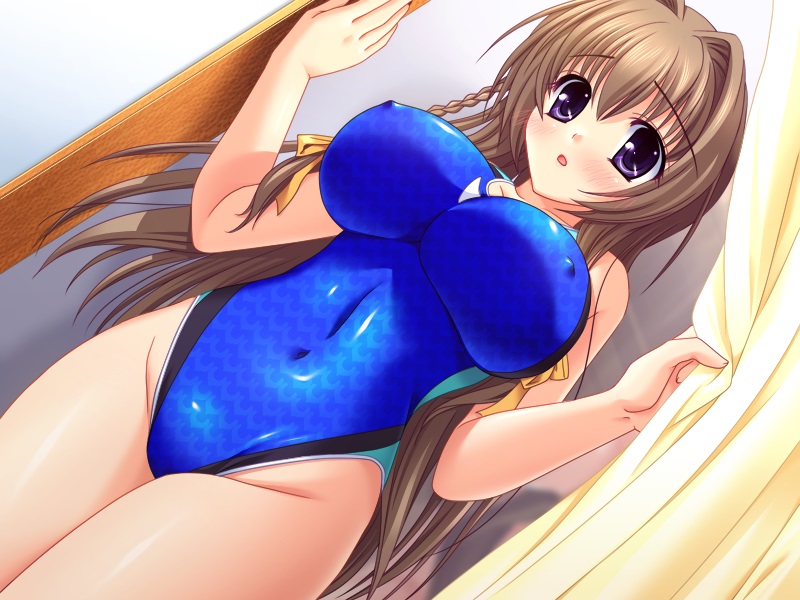 1girl artist_request atelier_kaguya braid breasts brown_hair character_request competition_swimsuit covered_nipples erect_nipples female hamada_mari huge_breasts nipples one-piece_swimsuit purple_eyes skin_tight solo source_request splash! swimsuit tsukishiro_nanami
