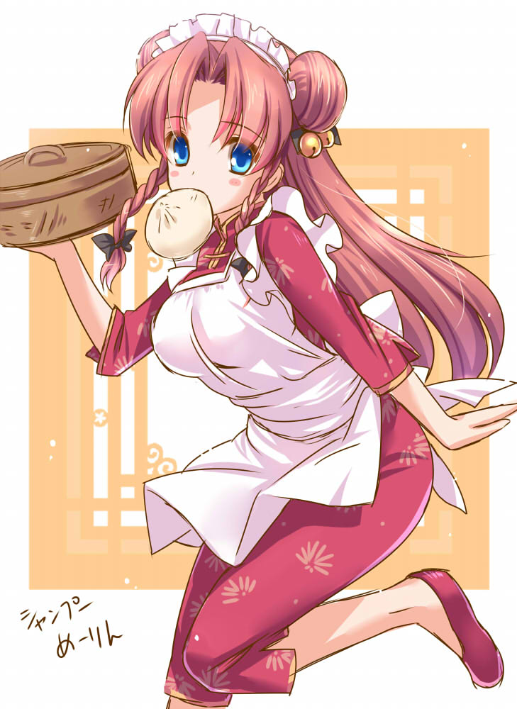 apron bamboo_steamer baozi bell blue_eyes blush_stickers bow braid breasts cosplay double_bun food hair_bow hong_meiling long_hair looking_at_viewer maid_headdress medium_breasts moneti_(daifuku) ranma_1/2 red_hair shampoo_(ranma_1/2) shampoo_(ranma_1/2)_(cosplay) solo touhou twin_braids